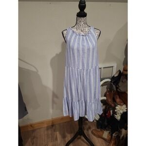 Beach Lunch Lounge Women SZ XS Blue white striped linen tiered mini dress/cove